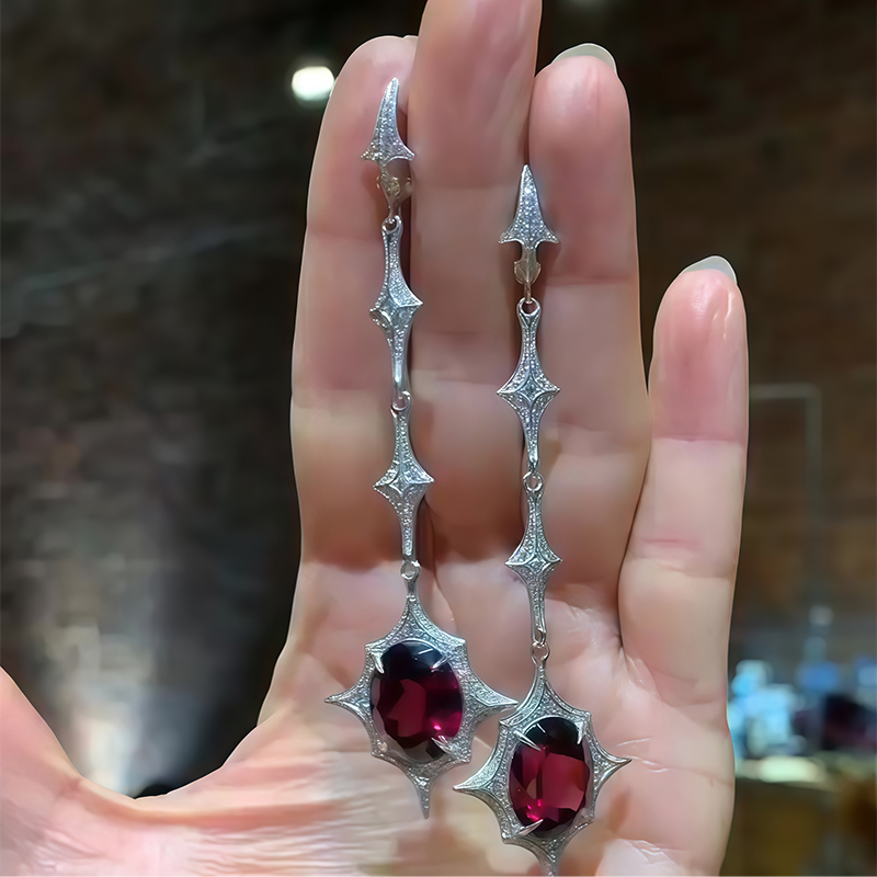 Art Deco-Inspired Rhodolite Garnet & White Sapphire Long Drop Earrings