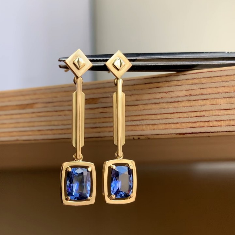 Art Deco Cushion Cut Blue Sapphire Dangle Earrings - 1 Pair