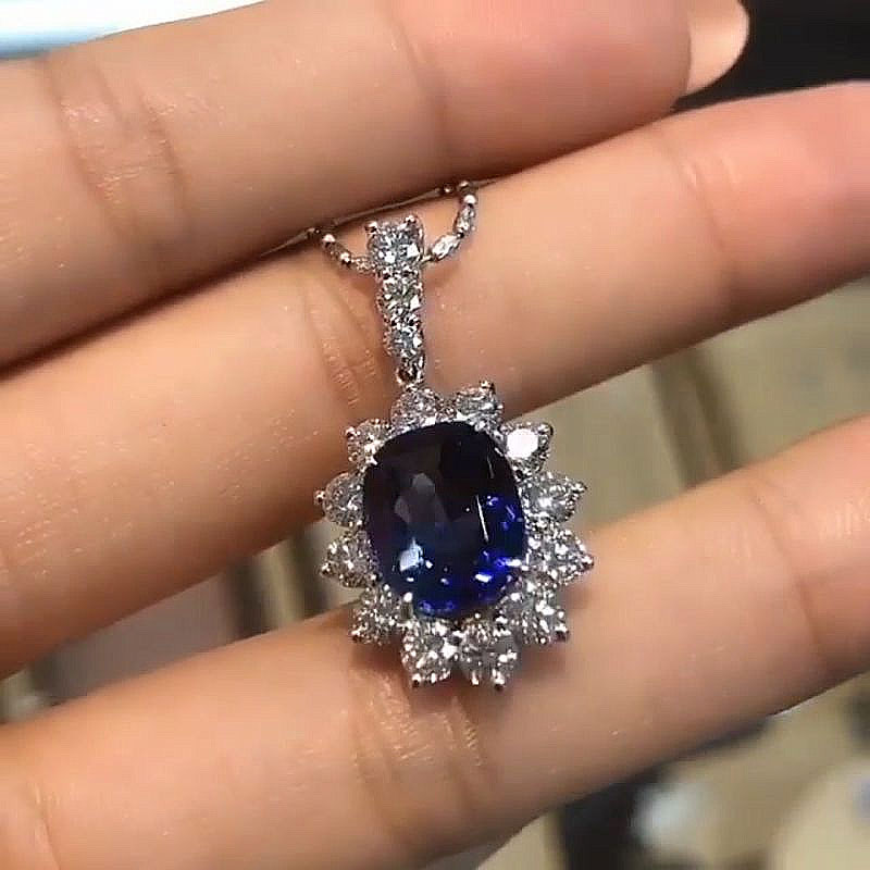 Halo Cushion Cut Blue Sapphire Pendant Necklace