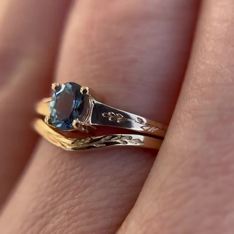 London Blue Sapphire & Scrollwork Oval Cut Wedding Ring Set