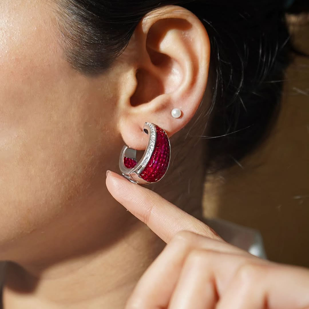 Invisible Setting Princess Cut Ruby Sapphire Hoop Earrings