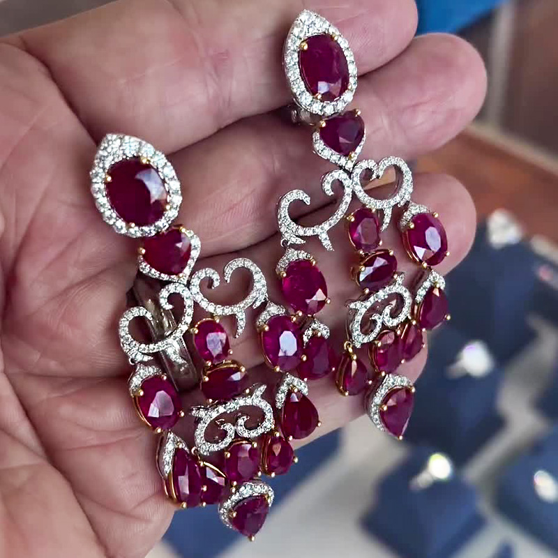 Luxury Oval&Pear Cut Ruby Sapphire Drop Earrings