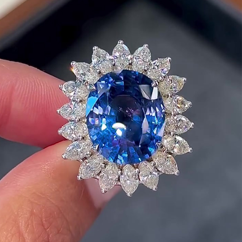 4ct Oval Cut Blue Sapphire Sunflower Engagement Ring
