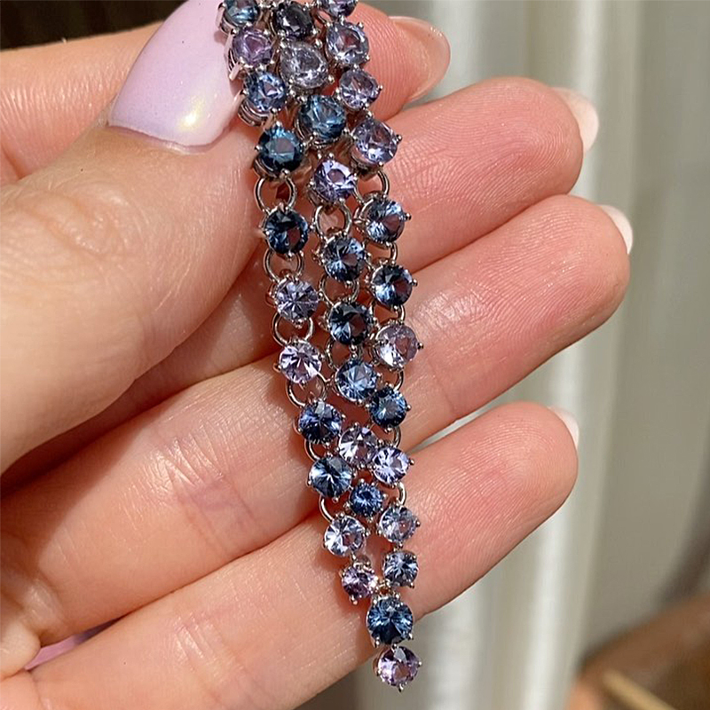 Round Cut Lavender & Indigo Sapphire Silver Threader Drop Earrings