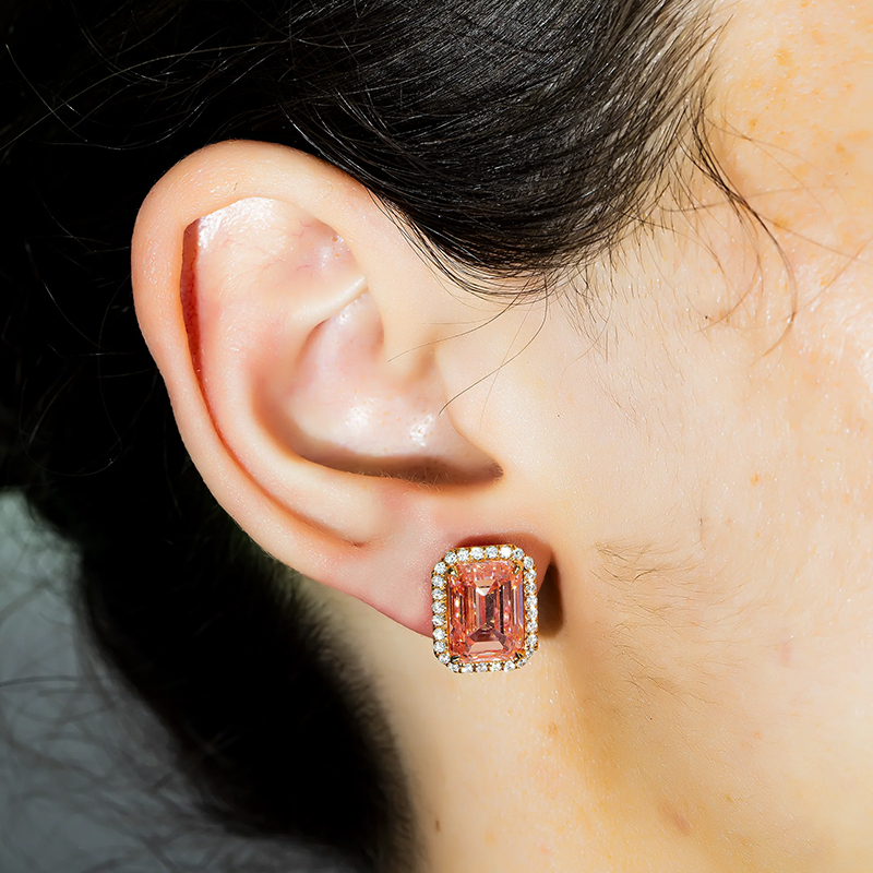 Halo Emerald Cut Pink Sapphire Stud Earrings