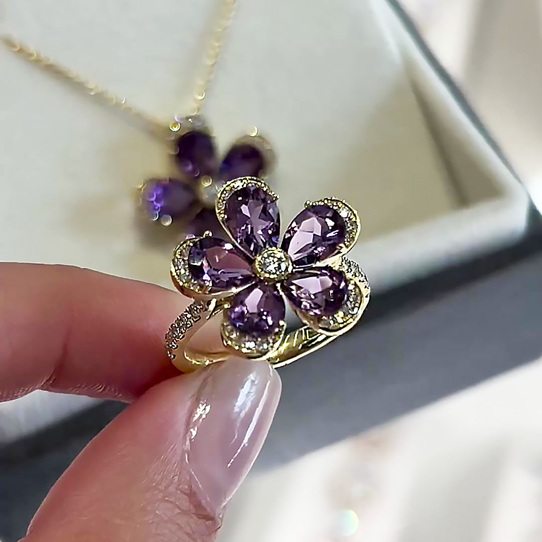 Pear Cut Amethyst Sapphire Ring&Necklace&Earrings Set / 3PCS