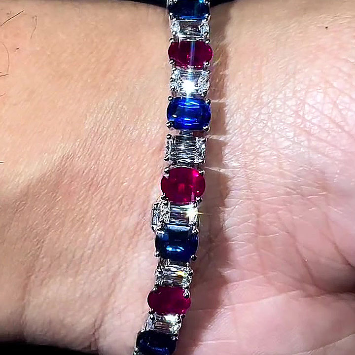 Three-Tone Multi-cut Blue&Ruby&White Sapphire Chain Bracelet