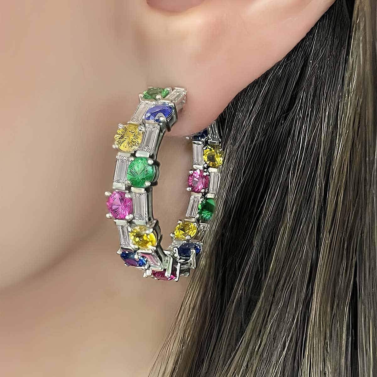 Rainbow Mixed Sapphire Round & Emerald Cut Earring