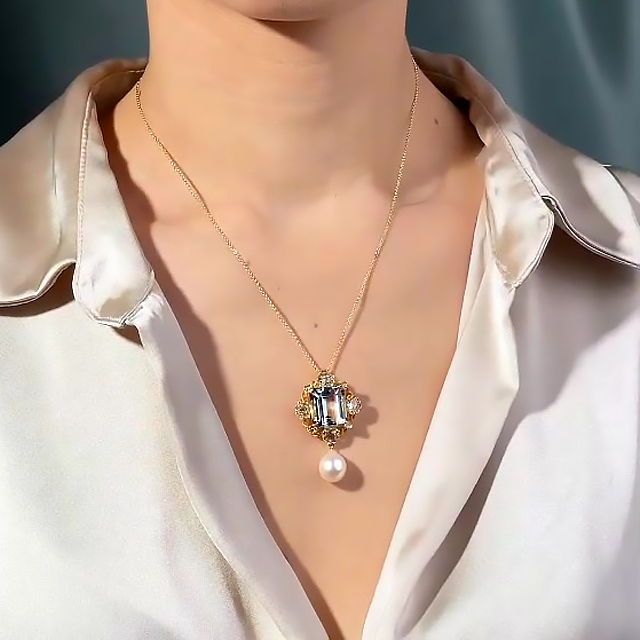 Emerald Cut Aquamarine&Pearl Sapphire Pendant Necklace