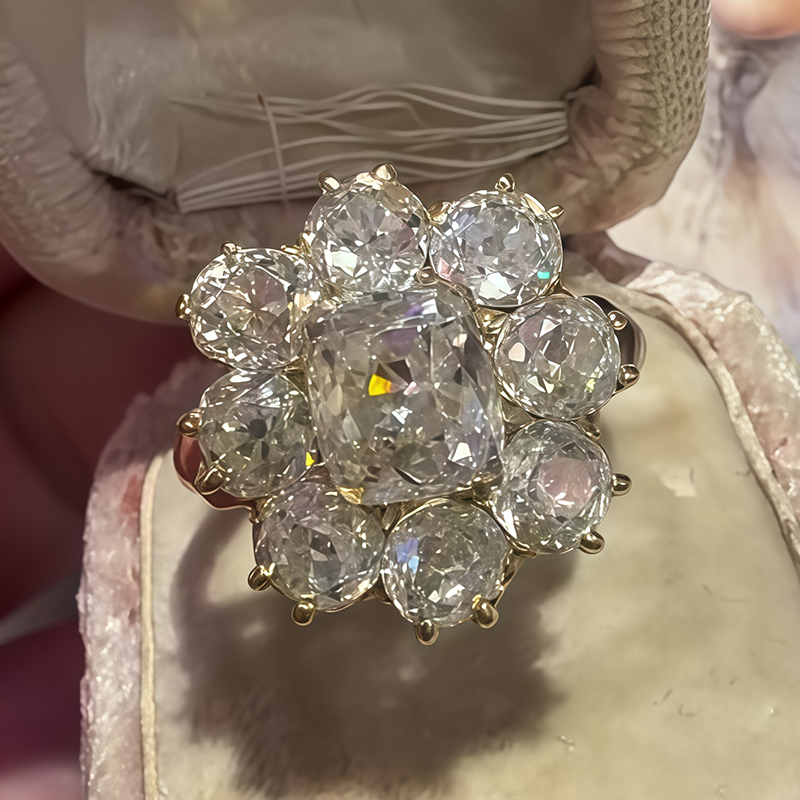 Vintage Cluster White Sapphire Cushion Cut Floral Engagement Ring