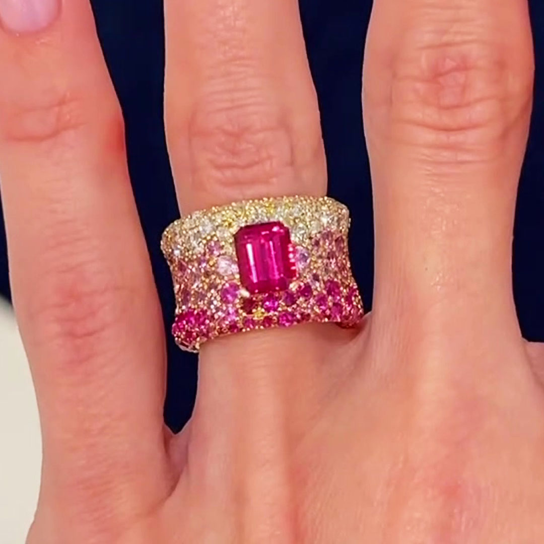 4.5ct Emerald Cut Pink Sapphire Pave Setting Wedding Band