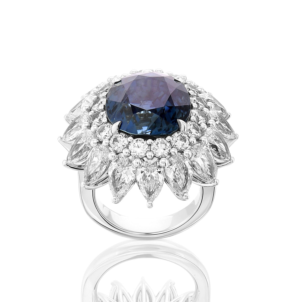 3ct Oval cut Blue Sapphire Double Halo Cocktail Ring