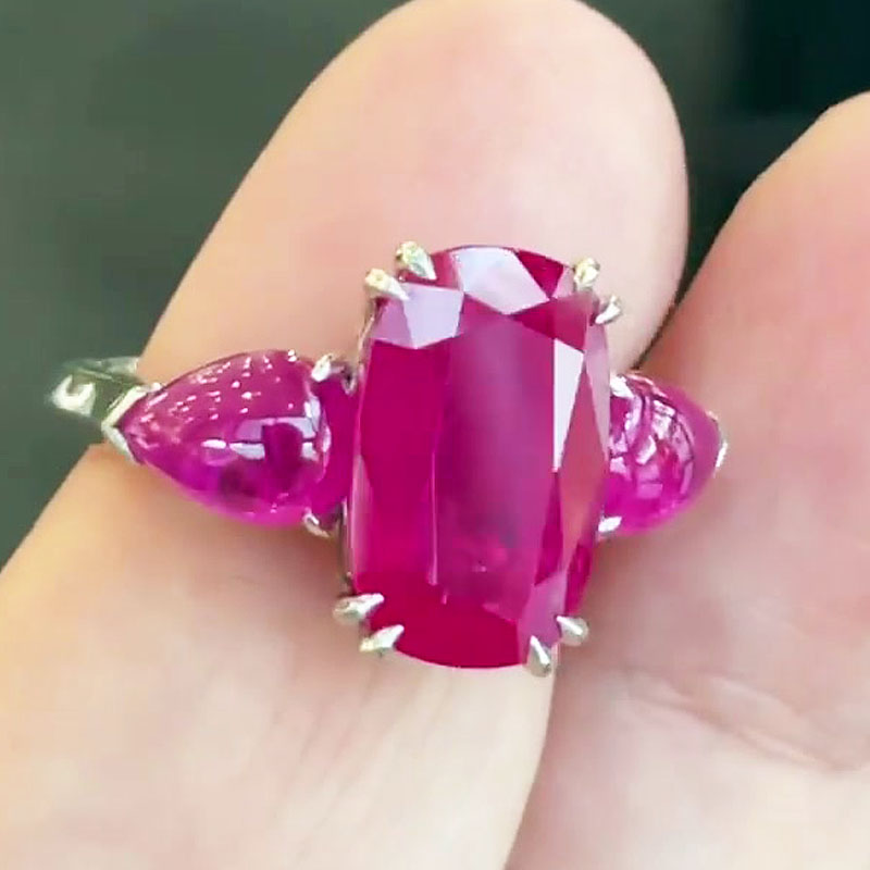 6ct Three Stone Elongated Cushion Cut Ruby Sapphire Engagement Ring