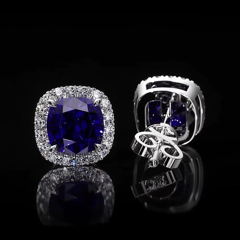 Blue Sapphire Cushion Cut Halo Stud Earrings