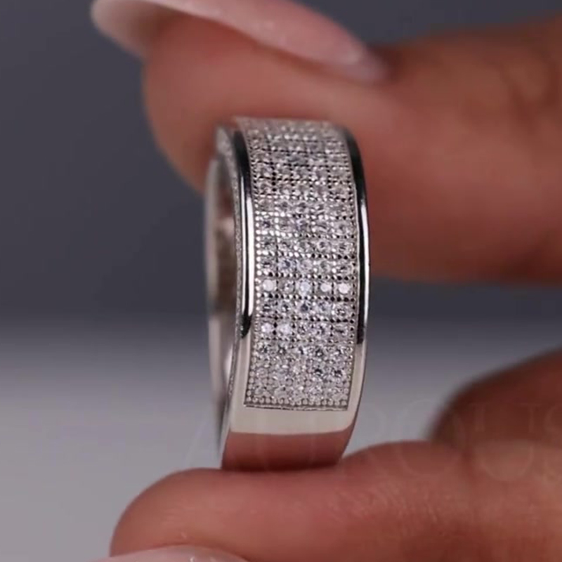 Pave Setting 1.3ct Round Cut White Sapphire Men's Wedding Band