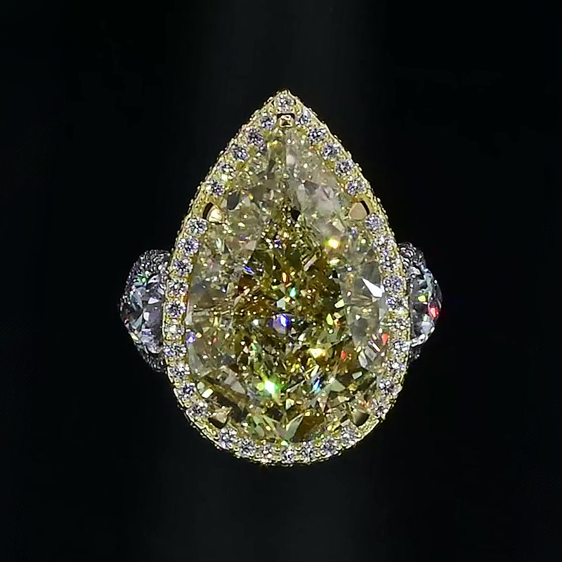 Halo Accent Yellow Sapphire Pear Cut Three-Stone Engagement Ring