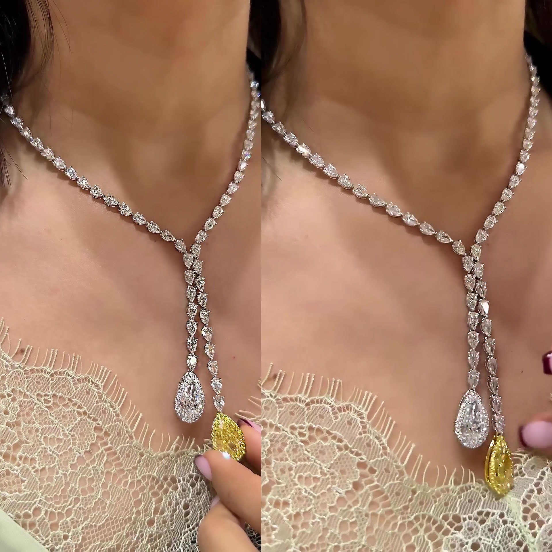 Pear Cut White&Yellow Sapphire Lariat Necklace