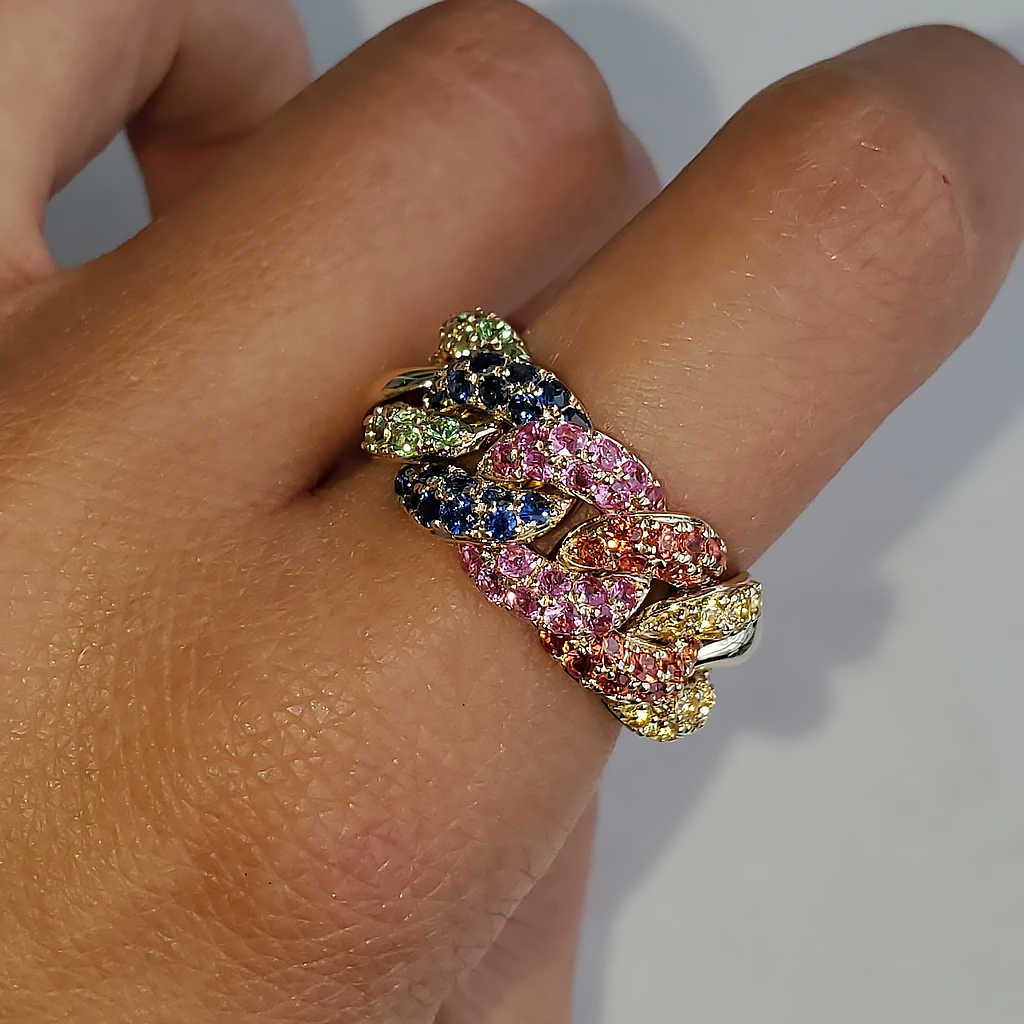 3.75ct Round Cut Rainbow Sapphire Cuban Link Ring