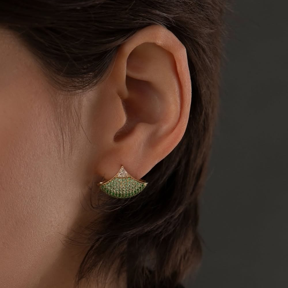 Fan Shape Gradient Emerald Sapphire Pave Stud Earrings