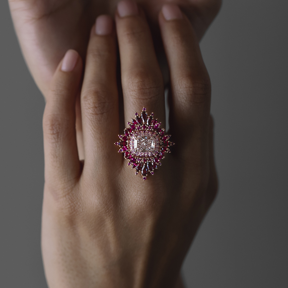 Ruby Halo 8ct Cushion Cut Pink Sapphire Cocktail Ring