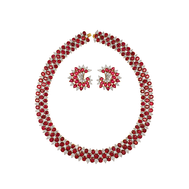 Cascading Ruby & Diamond Cluster Necklace-Earring Set