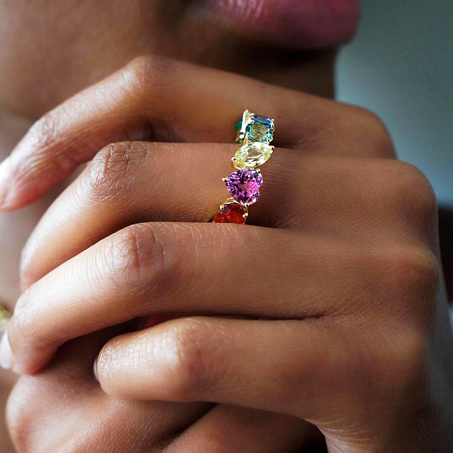 4.25ct Irregular Cut Rainbow Sapphire Eternity Ring