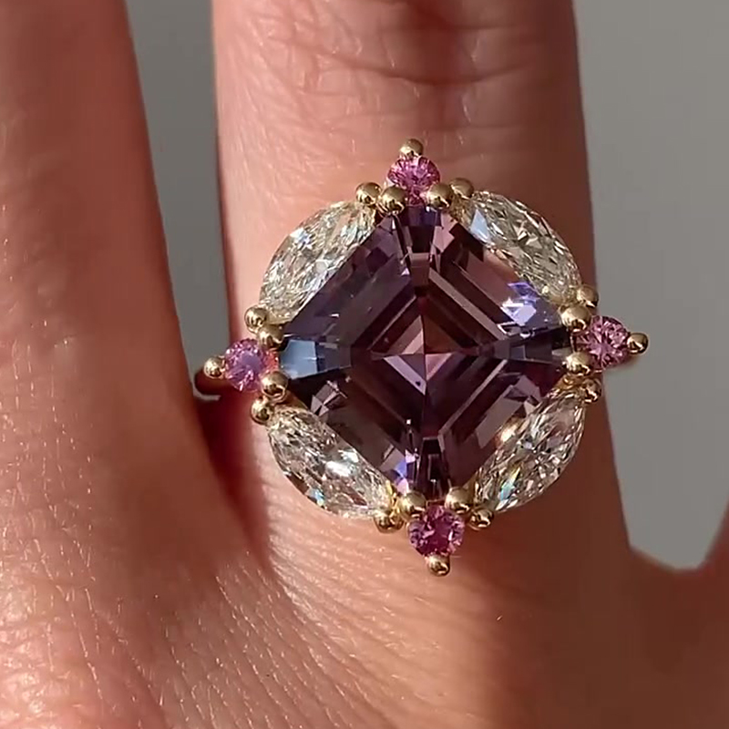 Asscher Cut Lavender Spinel & Multi-Stone Halo Ring