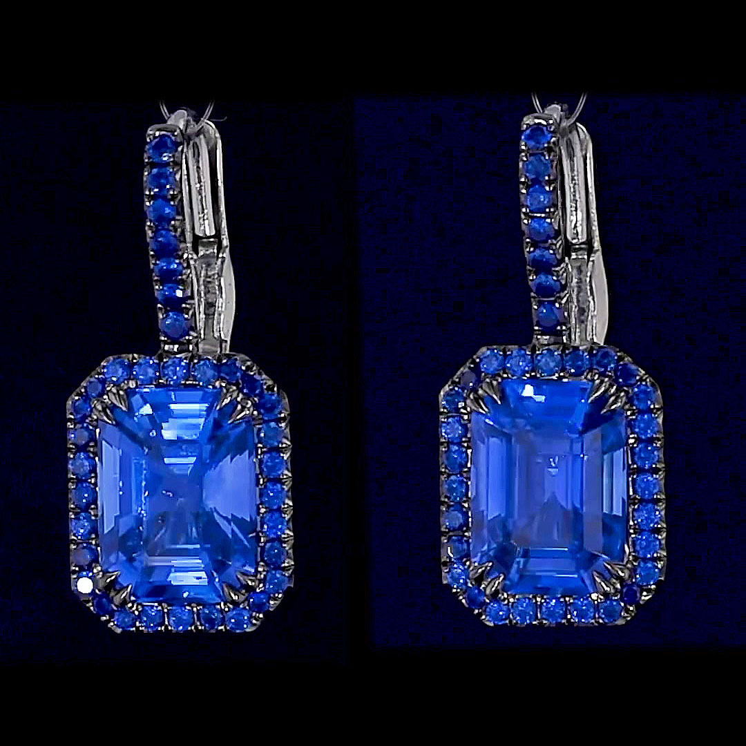Emerald Cut Blue Sapphire Drop Earrings