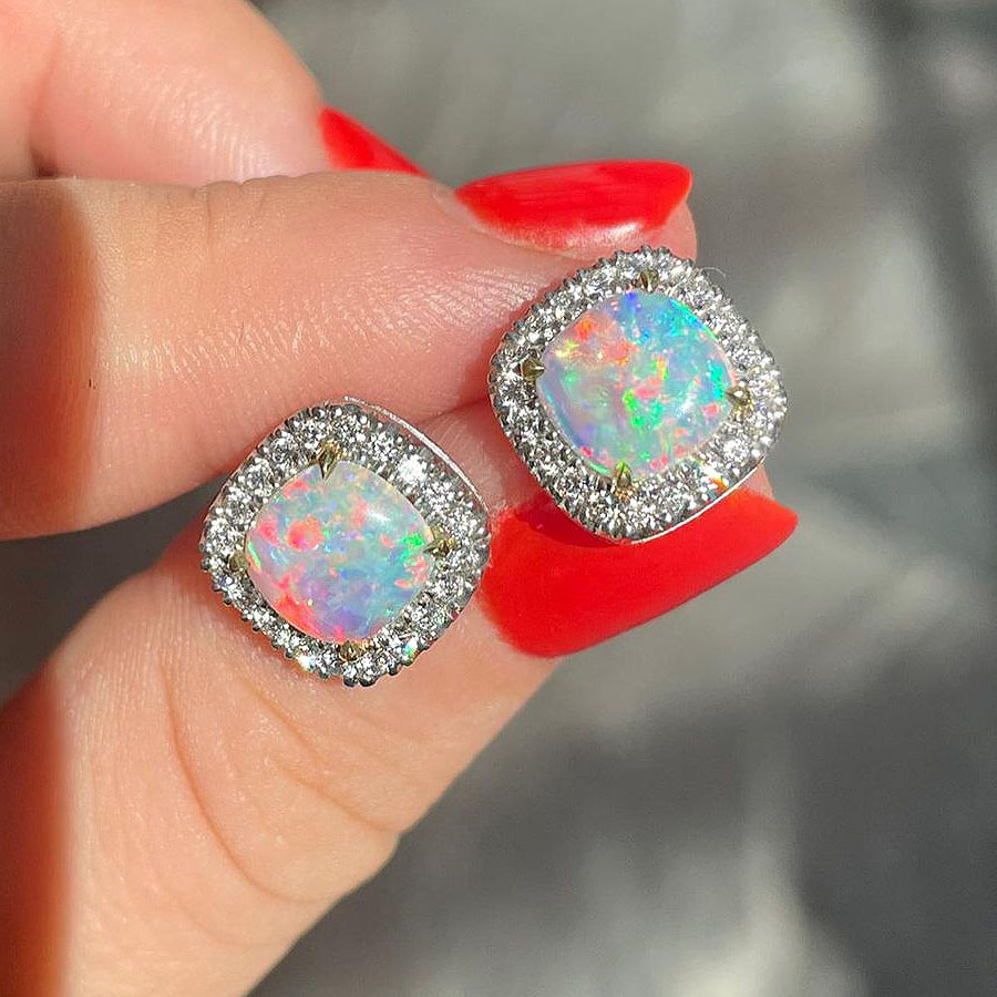 Cushion Cut Opal Sapphire Stud Earrings