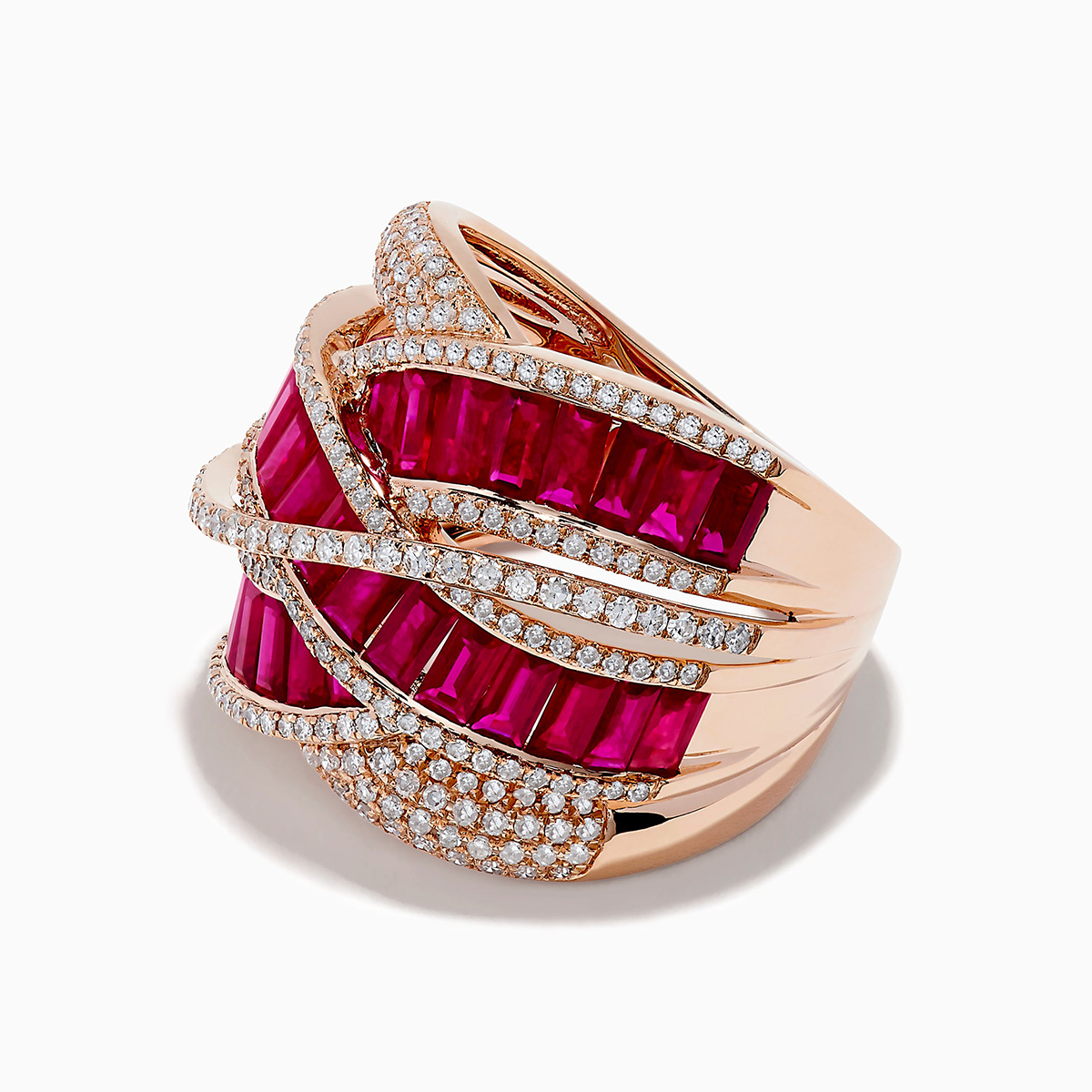 Twisted Pave Ruby & White Sapphire Emerald Cut Multi-Band