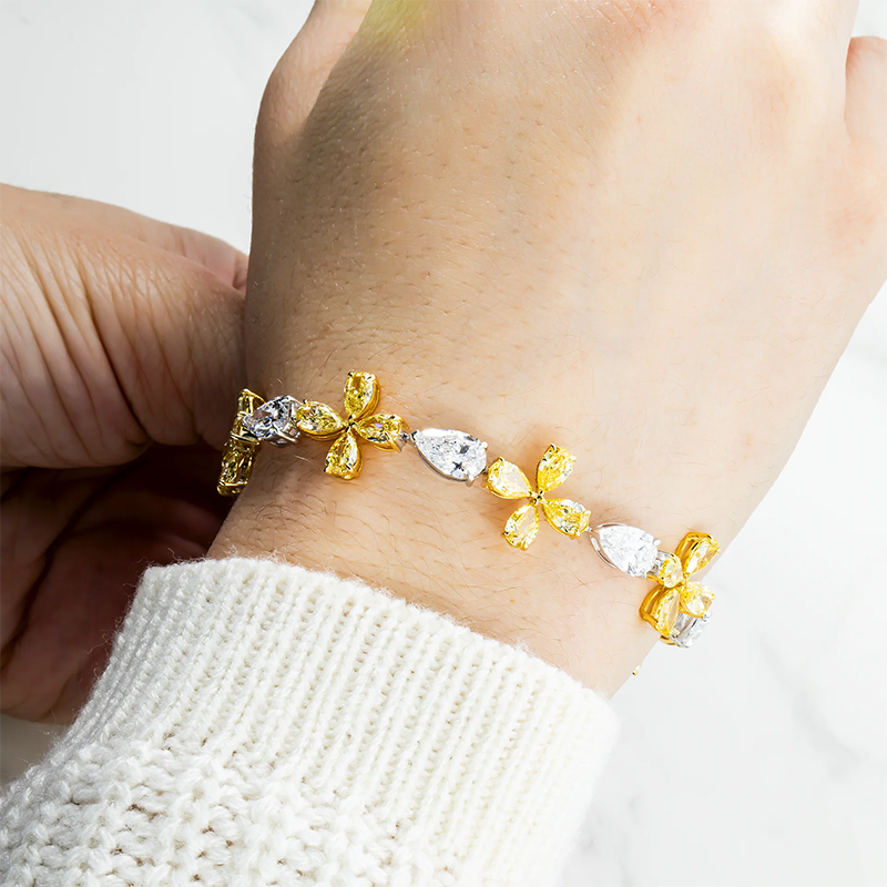 Floral Design Pear Cut Yellow&White Sapphire Bracelet