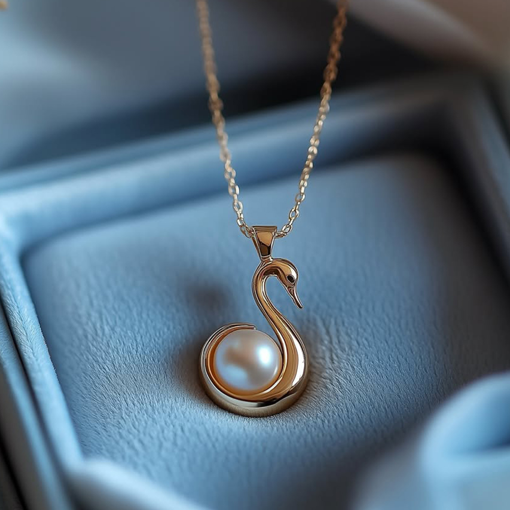 Swan Design Round Cut White Pearl Pendant Necklace