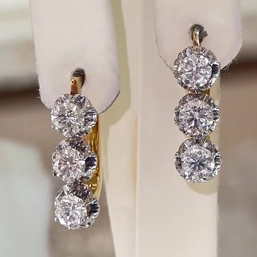 Three-stone Round Cut White Sapphire Dangle Earrings