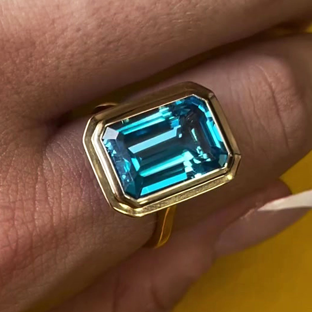 6ct Bezel Setting Emerald Cut Aquamarine Sapphire Engagement Ring