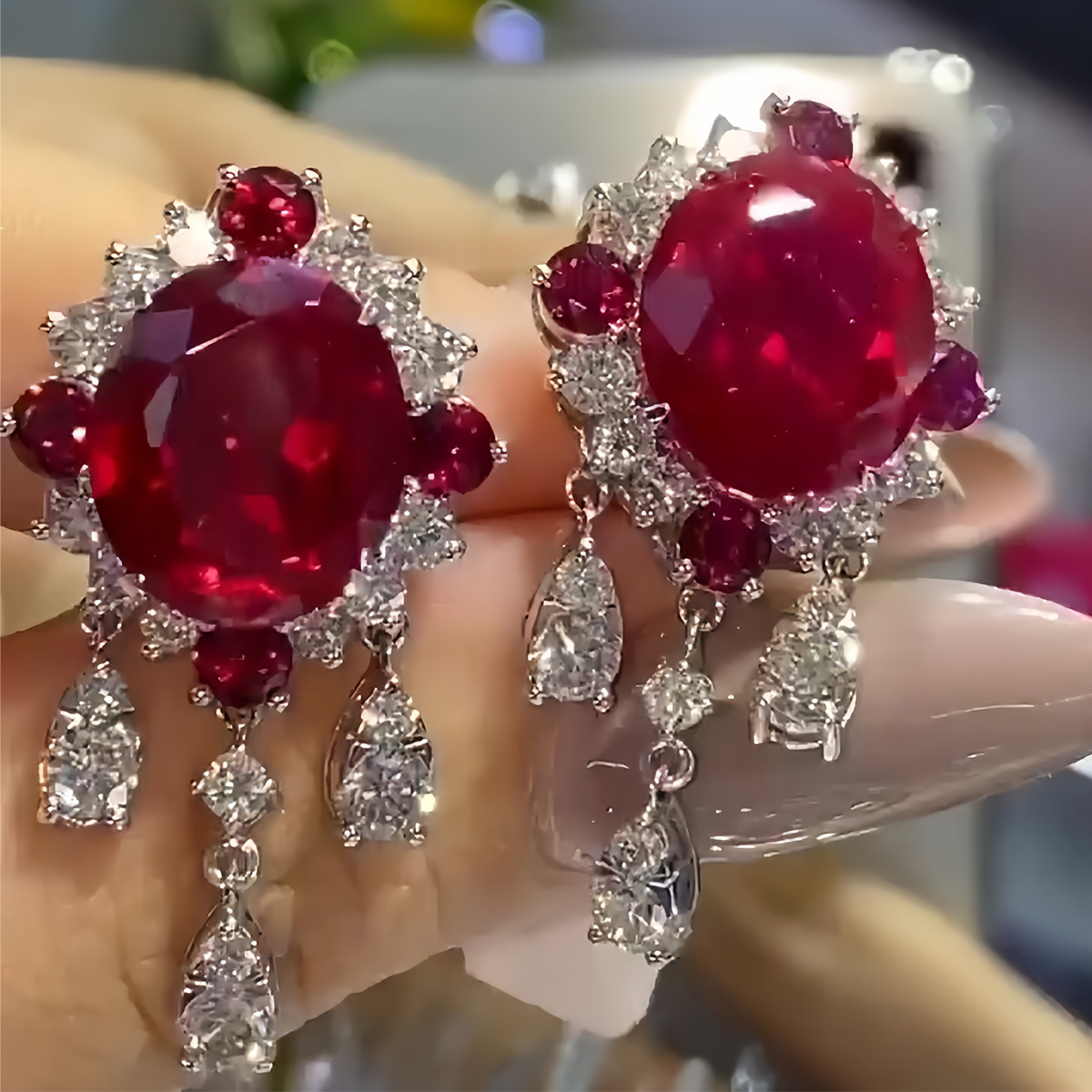 Oval Cut Ruby & White Sapphire Pendant Earrings