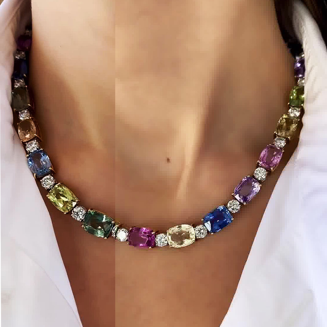 Cushion Cut Rainbow Sapphire Necklace