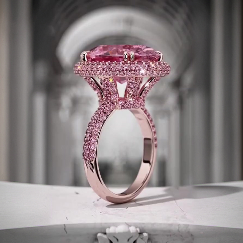 Pink Halo 4ct Oval Cut Pink Sapphire Engagement Ring