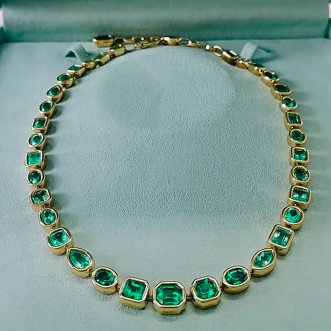 Bezel Setting Multi Cut Emerald Sapphire Necklace