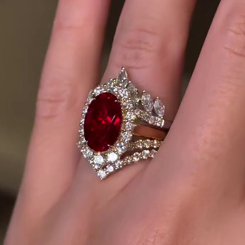 Halo 4ct Oval Cut Ruby Sapphire Wedding Set/3pcs