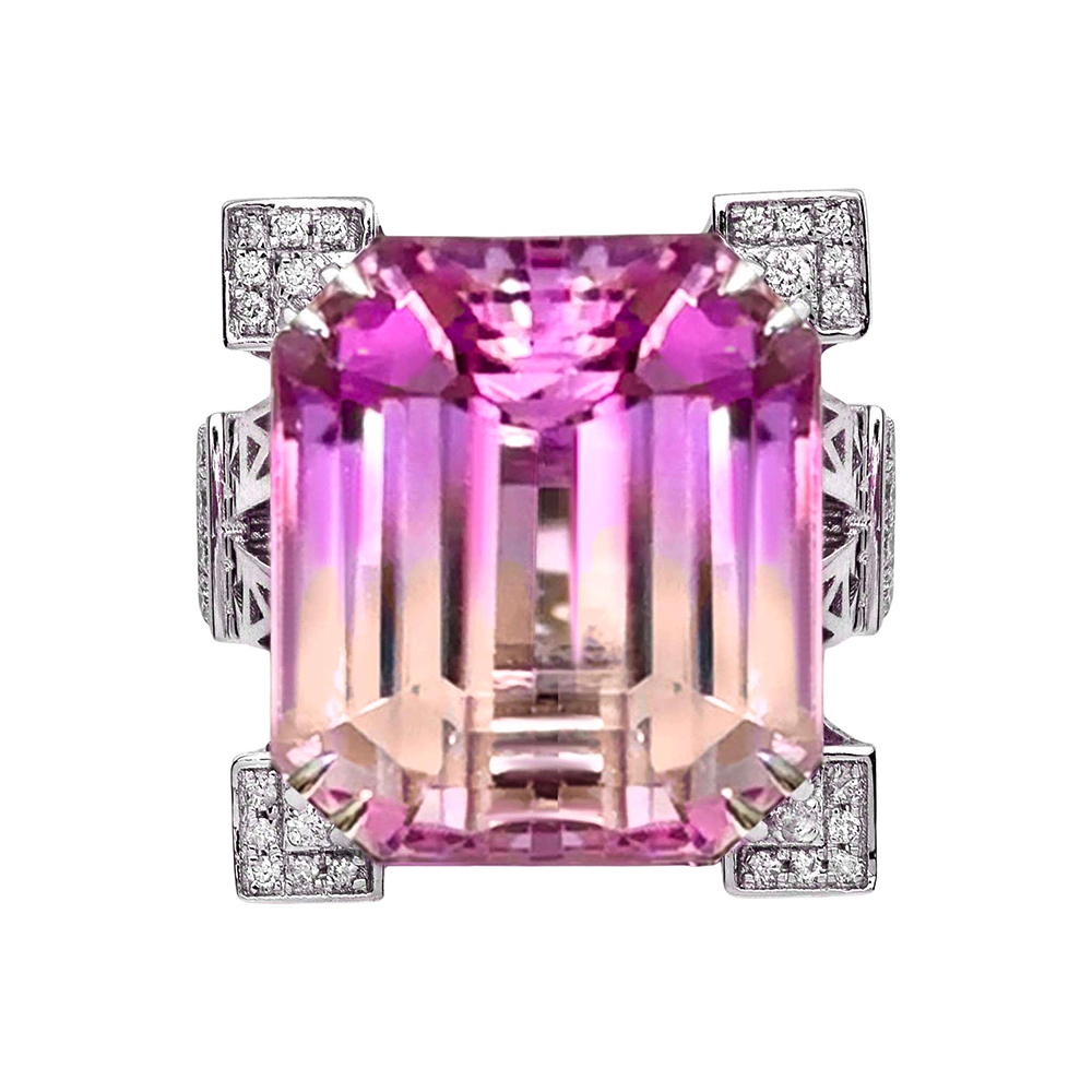Eiffel Tower Design 18ct Emerald Cut Kunzite Sapphire Cocktail Ring