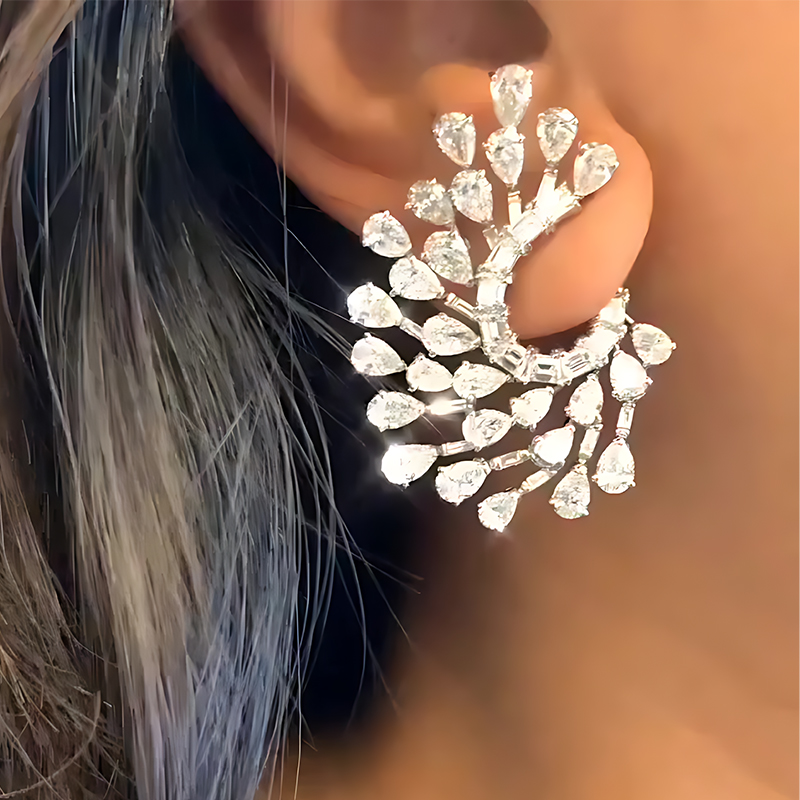 Peacock Feather Pear Cut White Sapphire Hoop Earrings