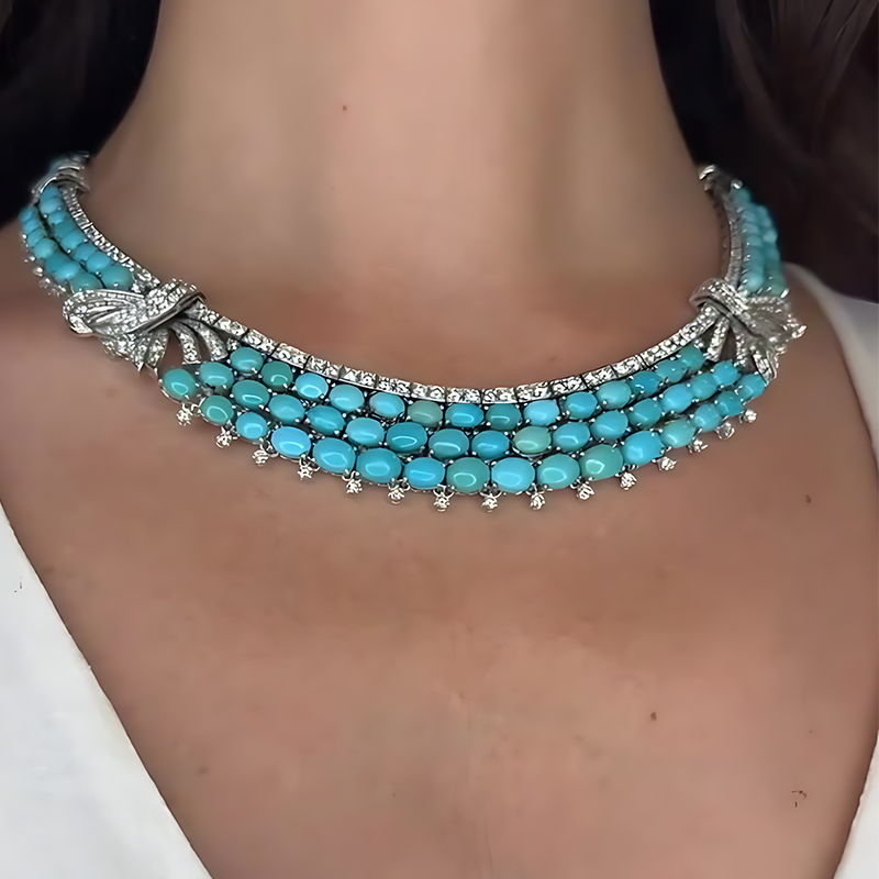 Turquoise & White Sapphire Multi-Layer Choker Necklace