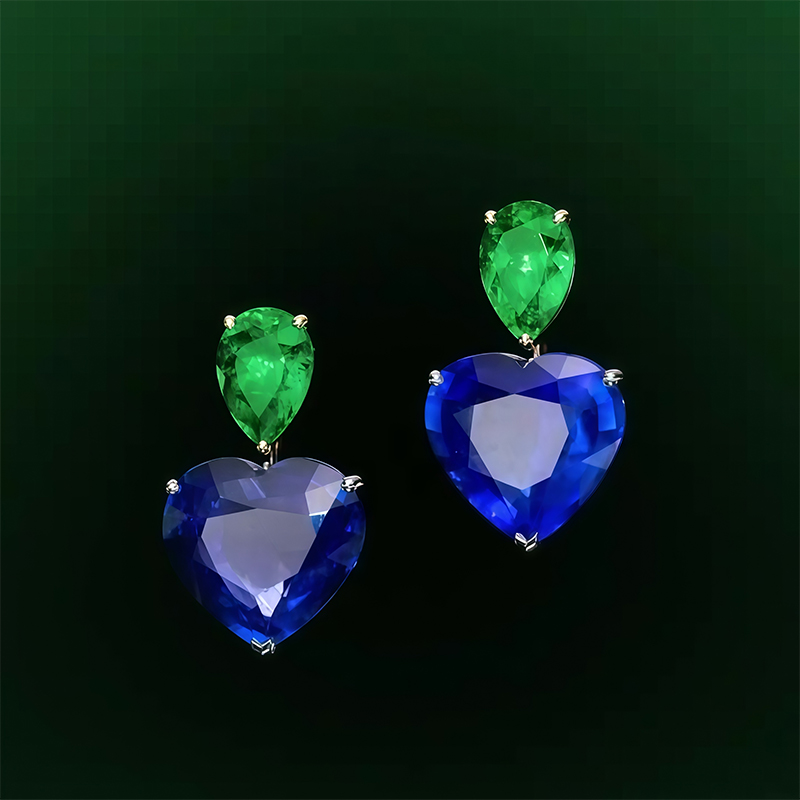 Heart Cut Blue Sapphire & Pear Cut Emerald Drop Earrings