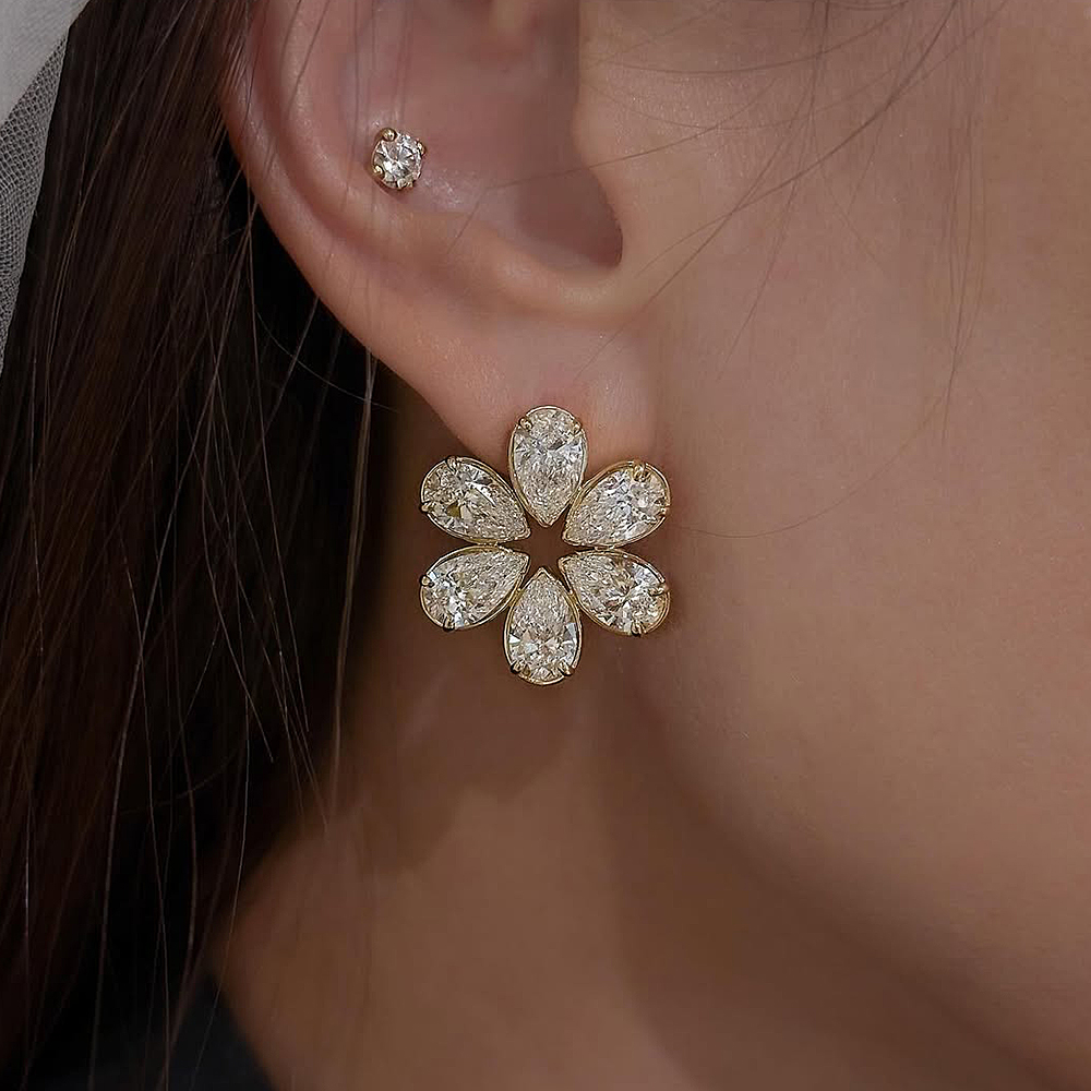 Pear Cut White Sapphire Floral Stud Earrings