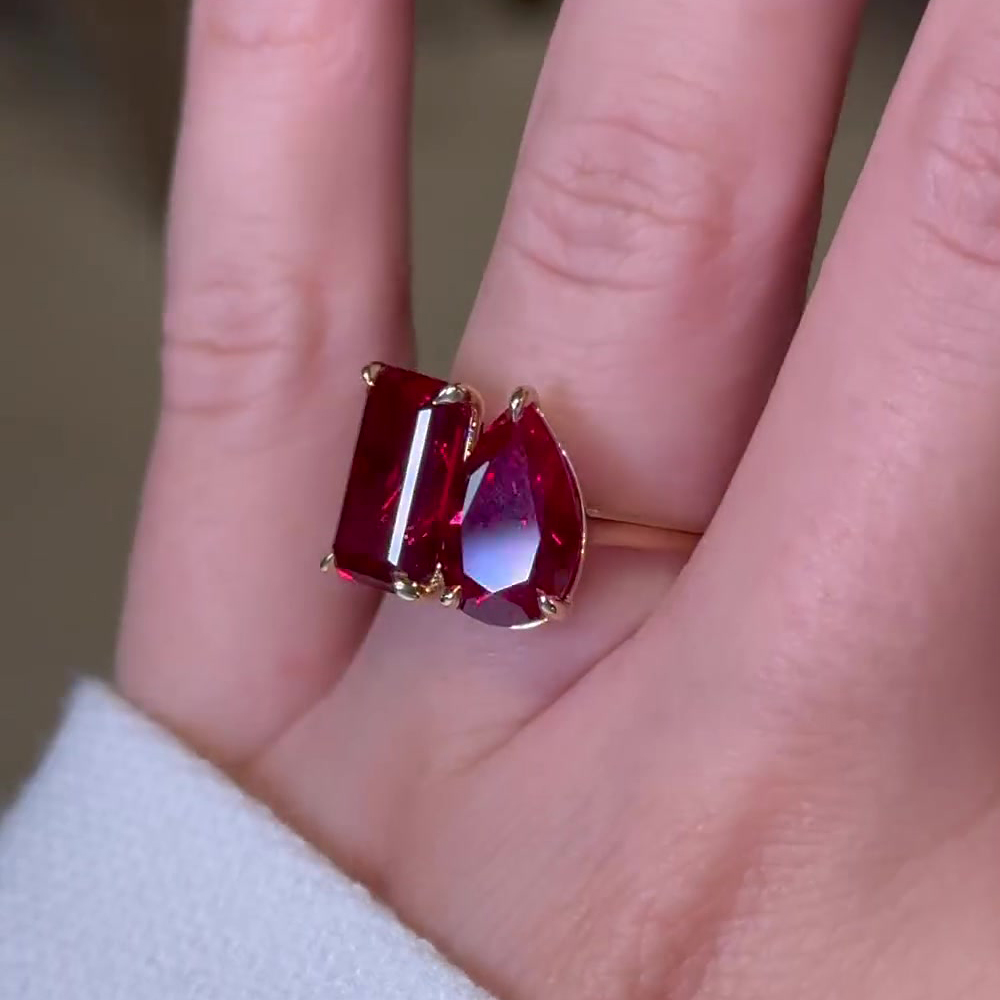 Toi et Moi 3ct Emerald&Pear Cut Ruby Sapphire Engagement Ring
