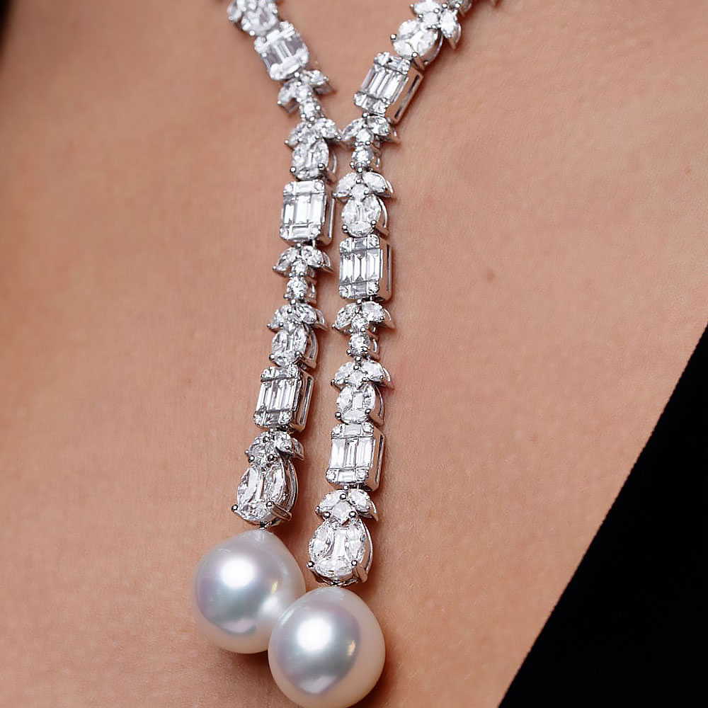 Multi-cut Pearl&White Sapphire Lariat Necklace