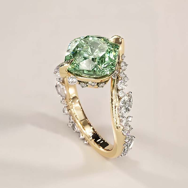 3ct Cushion Cut Mint Green Sapphire & White Sapphire Asymmetrical Cluster Ring