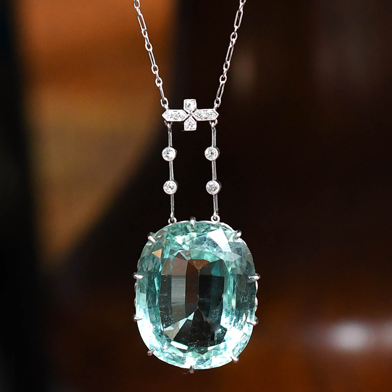 Edwardian 42.96ct Aquamarine Pendant & Diamond Chain