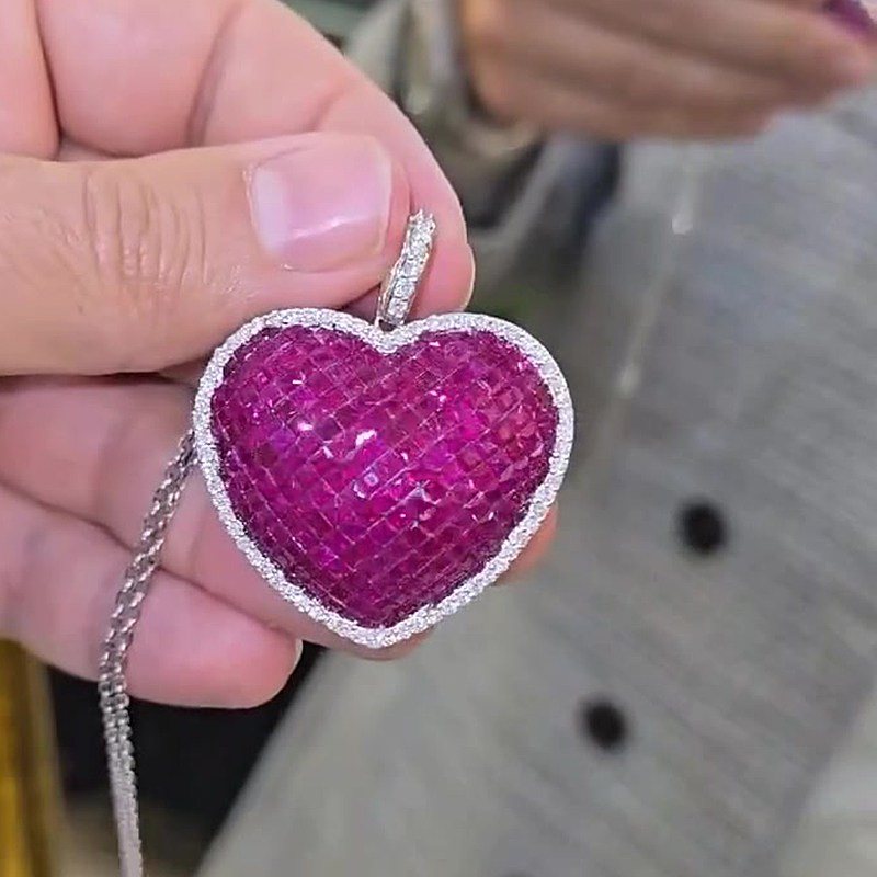 Invisible Setting Princess Cut Ruby Heart Pendant Necklace