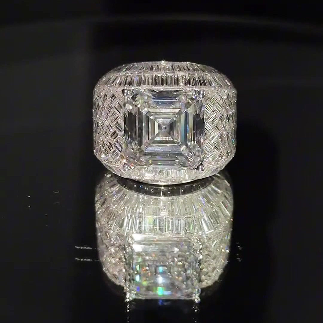 Sparkling 10ct Asscher Cut White Sapphire Men's Hip Hop Ring